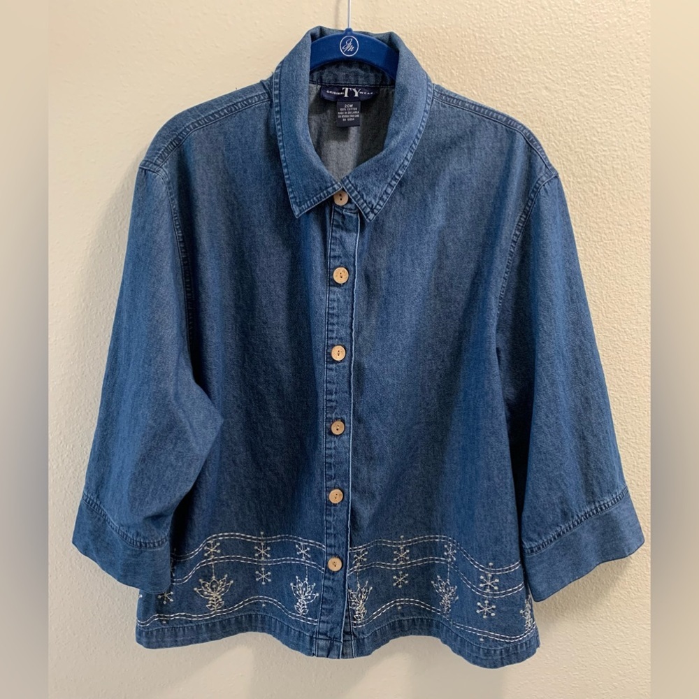 Original TY Wear Jean Shacket Jacket Shirt-Size 20W-Embroidered Floral Design. V